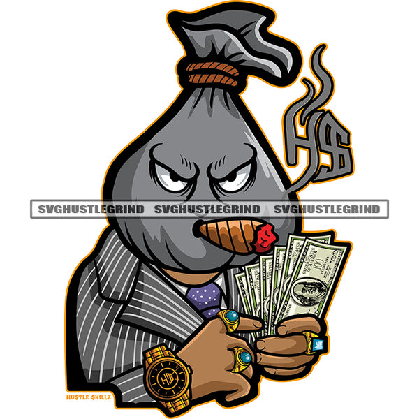 Cartoon Money Bag Head Design Element Smoking Angry Face Vector Character Wearing Watch And Ring Design Element White Background Holding Money SVG JPG PNG Vector Clipart Cricut Cutting Files
