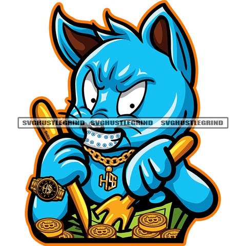 Gangster Cat Eating Hustler Money Grind Hustling Gangster Cat Smile Face Vector Holding Spoon Bitcoin White Background Design Element SVG JPG PNG Vector Clipart Cricut Cutting Files