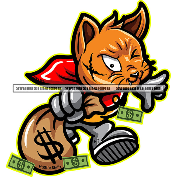 Scarface Gangster Cat Holding Money Bag Running Cat Color Body Vector Close Eyes White Background Design Element SVG JPG PNG Vector Clipart Cricut Cutting Files