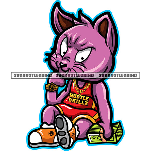 Gangster Scarface Cat Grinding Holding Money Vector Sitting Design Element White Background Color Body Evil SVG JPG PNG Vector Clipart Cricut Cutting Files