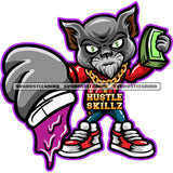 Gangster Cat Holding Money Stacks Purple Drink Grinding Grind Cat Standing Vector Design Element Ice Cream Dripping Holding Money SVG JPG PNG Vector Clipart Cricut Cutting Files