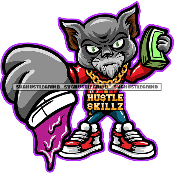 Gangster Cat Holding Money Stacks Purple Drink Grinding Grind Cat Standing Vector Design Element Ice Cream Dripping Holding Money SVG JPG PNG Vector Clipart Cricut Cutting Files