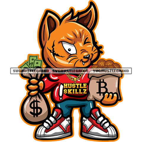 Scarface Gangster Cat Holding Money Bag And Bitcoin Bag Vector Design Element White Background Color Body SVG JPG PNG Vector Clipart Cricut Cutting Files