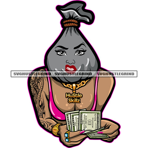 Woman Money Bag Head Cartoon Female Character Money Cash Gold Chain Hustler Sexy Woman Angry Face SVG JPG PNG Vector Clipart Cricut Cutting Files