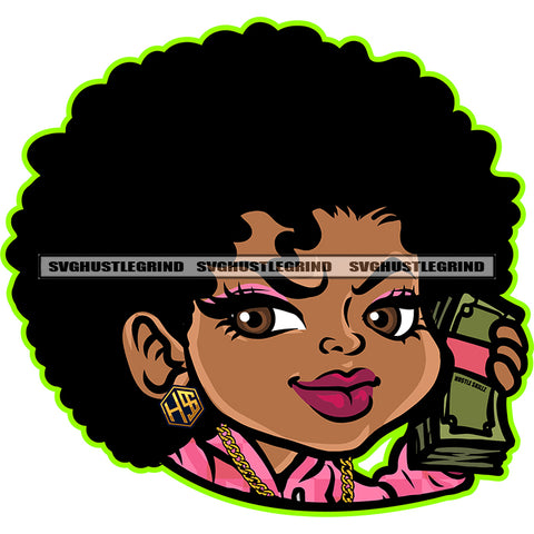 Beautiful Yong Girl Holding Money Bundle Vector Afro Hair Style Design Element Smile Face African Girl Face White Background SVG JPG PNG Vector Clipart Cricut Cutting Files