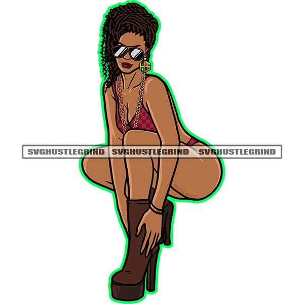 Melanin Woman Sexy Pose Sitting Wearing Bikini And Sunglass Vector White Background Curly Hair Design Element Hot Fitness Woman SVG JPG PNG Vector Clipart Cricut Cutting Files