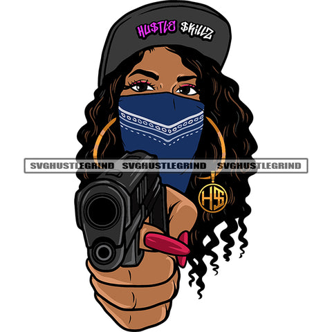 African American Woman Wearing Base Ball Cap And Mask Curly Hairstyle Melanin Woman Holding Gun White Background Long Nail Design Element SVG JPG PNG Vector Clipart Cricut Cutting Files