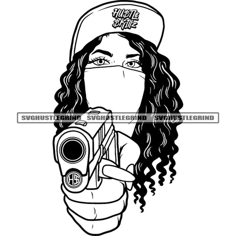 African American Woman Wearing Base Ball Cap And Mask Curly Hairstyle Art Work Melanin Woman Holding Gun White Background Long Nail Design Element SVG JPG PNG Vector Clipart Cricut Cutting Files