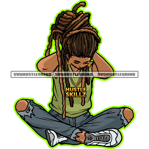 Gangster Locus Hair Style Woman Sitting Design Element Yoga Position Vector Color Artwork Body White Background SVG JPG PNG Vector Clipart Cricut Cutting Files