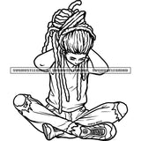 Gangster Locus Hair Style Black And White BW Woman Sitting Design Element Yoga Position Vector Color Artwork Body White Background SVG JPG PNG Vector Clipart Cricut Cutting Files