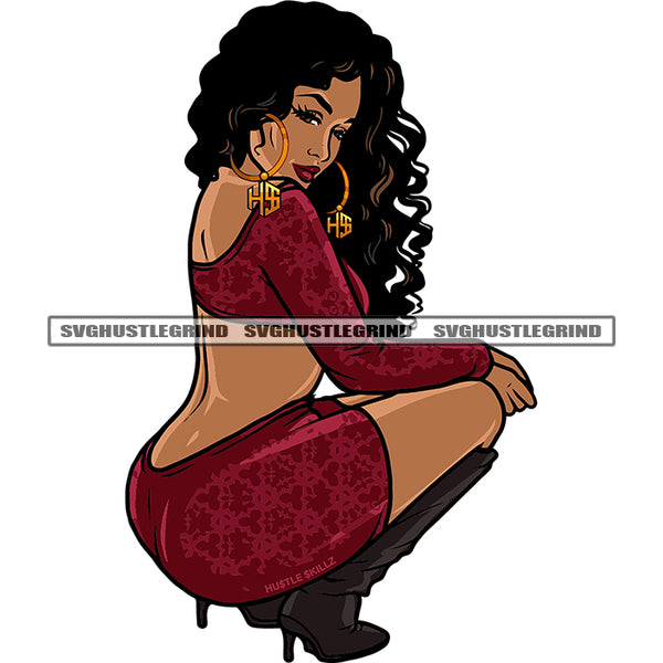African Gorgeous Sassy Sexy Afro Woman Side Face Portrait Confident Hoop Earrings Long Curly Hairstyle Vector Design Element Sitting White Background SVG JPG PNG Vector Clipart Cricut Cutting Files