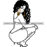 African Gorgeous Sassy Sexy Afro Woman Side Face Black And White BW Portrait Confident Hoop Earrings Long Curly Hairstyle Vector Design Element Sitting White Background SVG JPG PNG Vector Clipart Cricut Cutting Files