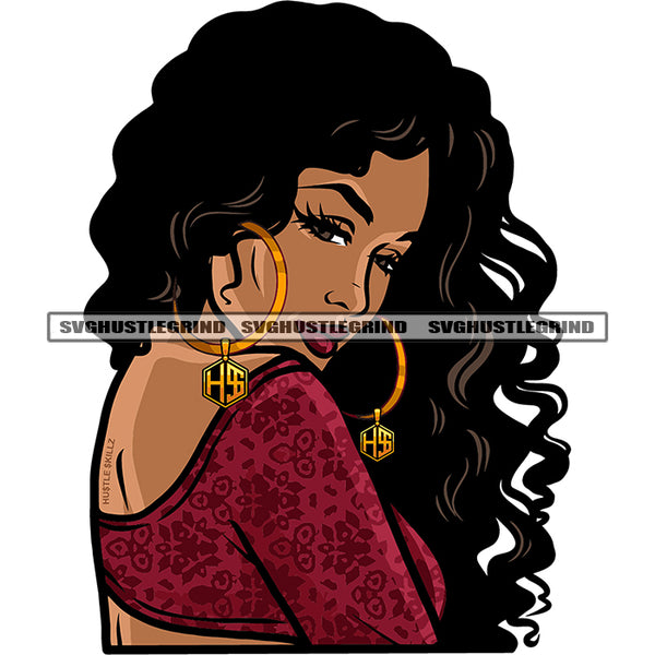 African Gorgeous Sassy Confident Hoop Earrings Long Curly Hairstyle Sexy Afro Woman Color Side Face Portrait Design Element White Background SVG JPG PNG Vector Clipart Cricut Cutting Files