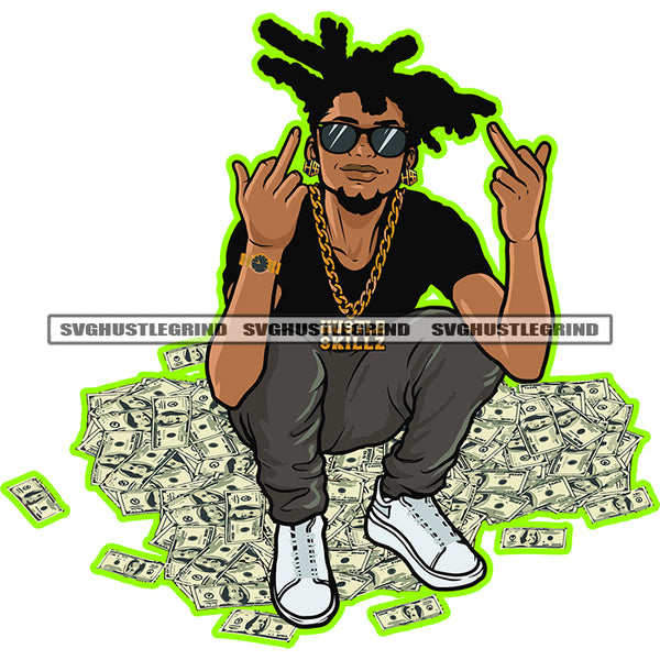 Young Gangster Man Sitting Money Dollars Chain Sunglasses Earing Graphic Beard Showing Middle Finger Grind Logo White Background SVG JPG PNG Vector Clipart Cricut Cutting Files