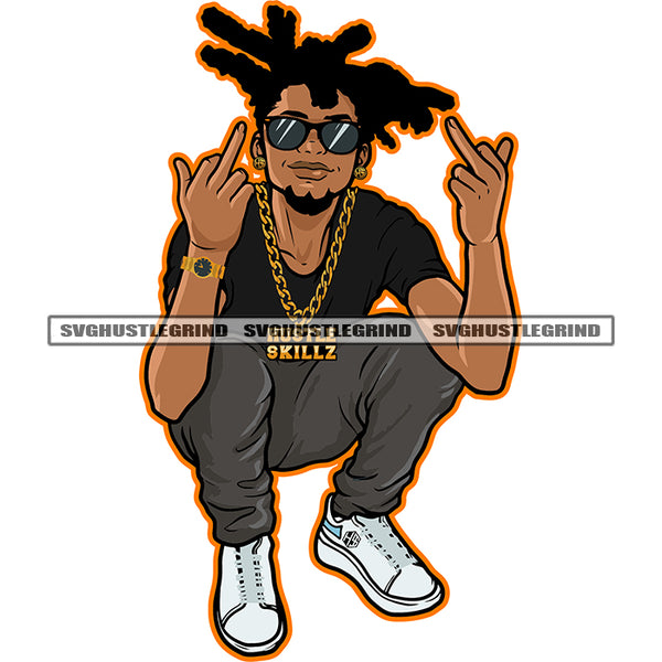 Young Gangster Man Sitting Money Dollars Chain Sunglasses Grind Logo Earing Graphic Beard Showing Middle Finger White Background SVG JPG PNG Vector Clipart Cricut Cutting Files