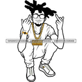 Young Gangster Man Sitting Money Dollars Chain Sunglasses Earing Black And White BW Graphic Beard Showing Middle Finger Grind Logo White Background SVG JPG PNG Vector Clipart Cricut Cutting Files