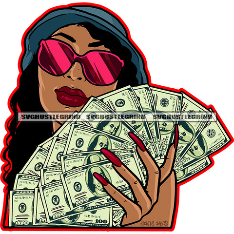 Afro Gangster Woman Curly Hairstyle Melanin Woman Wearing Sunglass Cap Holding Money Fan Vector Design Element White Background SVG JPG PNG Vector Clipart Cricut Cutting Files