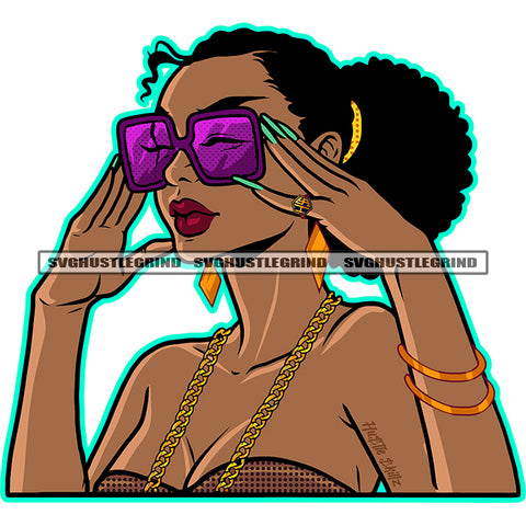 Afro Woman Wearing Sunglass Hand Holding Long Nail Curly Hair Short Hair Design Element Sexy Pose Vector White Background SVG JPG PNG Vector Clipart Cricut Cutting Files