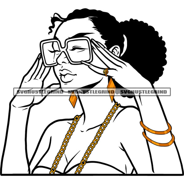 Afro Woman Wearing Sunglass Black And White Color BW Hand Holding Long Nail Curly Hair Short Hair Design Element Sexy Pose Vector White Background SVG JPG PNG Vector Clipart Cricut Cutting Files