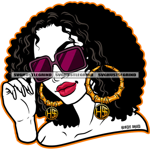 African American Gangster Woman Curly Hair Style Black And White BW Melanin Woman Wearing Sunglass Long Nail Ear Hoops Vector Design Element SVG JPG PNG Vector Clipart Cricut Cutting Files