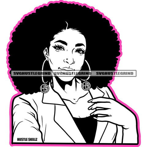 Melanin Black Woman Nubian Swag Curly Big Afro Puff Hairstyle Black And White BW Hoop Earrings Long Nails White Background SVG JPG PNG Vector Clipart Cricut Cutting Files