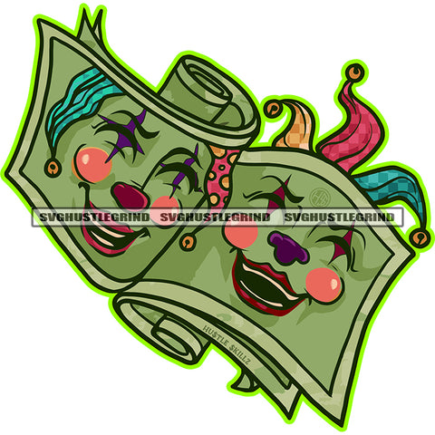 Money Roll Clown Face Vector Design Element Color Smile Face Wearing Hat Vector White Background Joker Two Clown Face SVG JPG PNG Vector Clipart Cricut Cutting Files