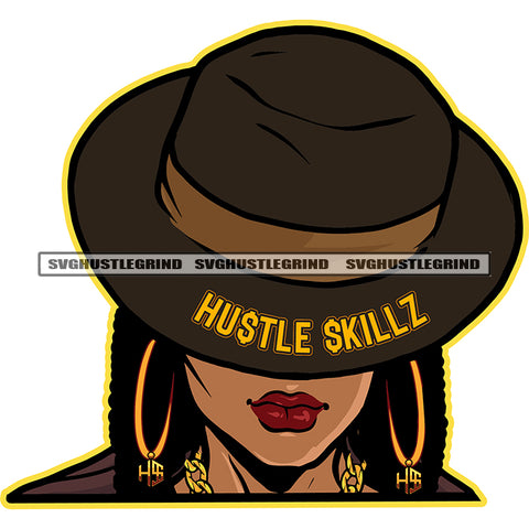 African American Woman Wearing Hat Big Ear Hoop Ring Curly Hair White Background Cute Face No Eyes Vector Design Element SVG JPG PNG Vector Clipart Cricut Cutting Files