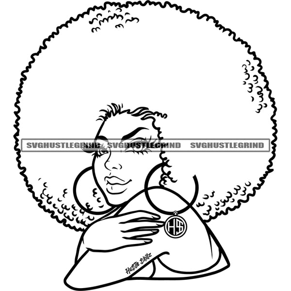 African Beautiful Melanin Girl Blessed Bamboo Hoop Earrings Black And White BW Puffy Afro Hairstyle Vector Design Element White Background SVG JPG PNG Vector Clipart Cricut Cutting Files