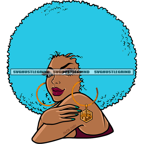 African Beautiful Melanin Girl Color Afro Hairstyle Vector Design Element White Background Blessed Bamboo Hoop Earrings Puffy SVG JPG PNG Vector Clipart Cricut Cutting Files