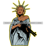 Melanin Woman Statue Of Liberty Vector Holding Gun Design Element Crown On Head White Background Golden Hair SVG JPG PNG Vector Clipart Cricut Cutting Files