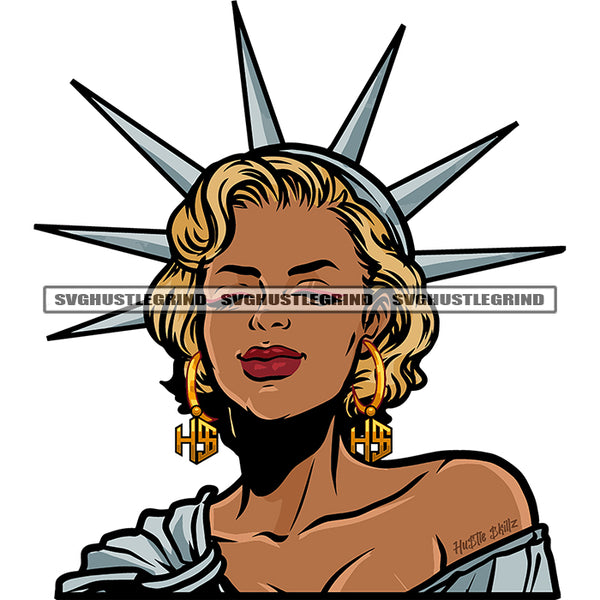 Statue Of Liberty Melanin Woman Face Design Element Liberty Crown On Head Vector Golden Hair Artwork White Background SVG JPG PNG Vector Clipart Cricut Cutting Files