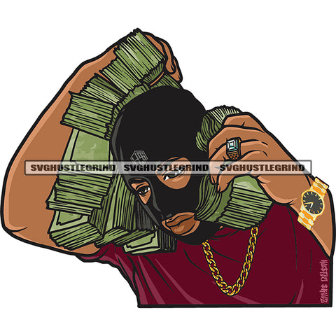 African Gangster Man Showing Bragging Holding Money Spread Gold Watch Wearing Ski Mask Burglar Street Boy Vector Design Element White Background SVG JPG PNG Vector Clipart Cricut Cutting Files