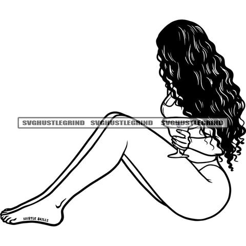Afro Woman Sitting Vector Curly Long Hair Design Element Sexy Woman Holding Juice Glass Afro Girl Wearing Bikini Black And White BW SVG JPG PNG Vector Clipart Cricut Cutting Files