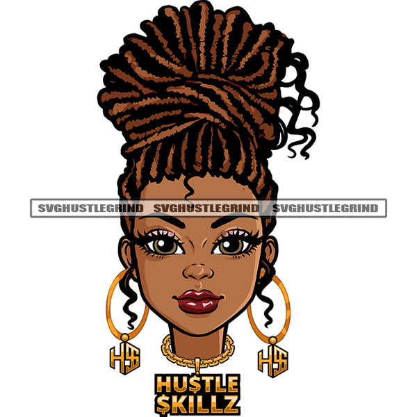 Afro Cute Woman Face Curly Hair Wearing Bing Ear Ring Lipstick Design Element Beautiful Girl White Background SVG JPG PNG Vector Clipart Cricut Cutting Files