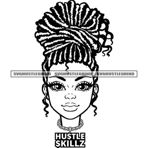 Afro Cute Woman Face Black And White Curly Hair Wearing Bing Ear Ring BW Lipstick Design Element Beautiful Girl SVG JPG PNG Vector Clipart Cricut Cutting Files