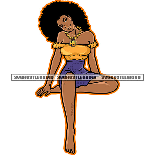 Afro Woman Sitting Position Vector Afro Hair Style Beautiful Smile Face Girl African American Woman Wearing Short Dress White Background Beautiful Face SVG JPG PNG Vector Clipart Cricut Cutting Files