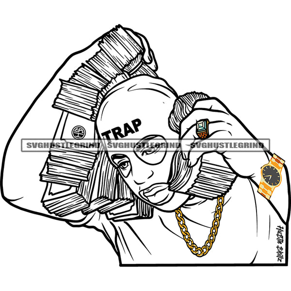 African Gangster Man Showing Bragging Holding Money Non Color Wearing Ski Mask Burglar Spread Gold Watch Street Boy Vector Design Element White Background SVG JPG PNG Vector Clipart Cricut Cutting Files