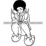 Afro Woman Beautiful Face Design Element Afro Hairstyle Woman Black And White BW Peach Hand Sign Sitting Design Wearing Bear Shoe SVG JPG PNG Vector Clipart Cricut Cutting Files