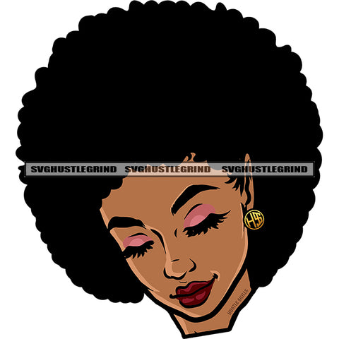 Gangster Woman Head Design Element Afro Hair Style Girl Close Eyes Vector Smile Face Beautiful White Background SVG JPG PNG Vector Clipart Cricut Cutting Files
