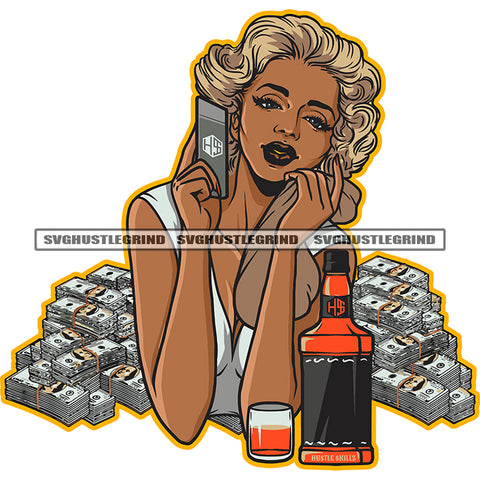 Melanin Woman Beautiful Face Golden Hair Vector Lot Of Money Bundle And Drink Bottle And Glass Front White Background Design Element  SVG JPG PNG Vector Clipart Cricut Cutting Files