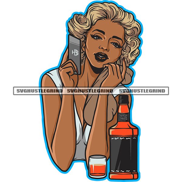 Afro Beautiful Woman Holding Phone Vector Sexy Pose Golden Hair Style Drink Bottle And Glass Design Element White Background SVG JPG PNG Vector Clipart Cricut Cutting Files