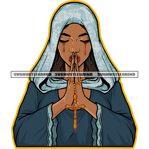 Woman Hard Praying Hand God Vector Blood Dripping On Eyes Design Element Cross On Hand Color White Background SVG JPG PNG Vector Clipart Cricut Cutting Files