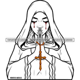 Woman Hard Praying Hand God Vector Black And White BW Blood Dripping On Eyes Design Element Cross On Hand Color SVG JPG PNG Vector Clipart Cricut Cutting Files