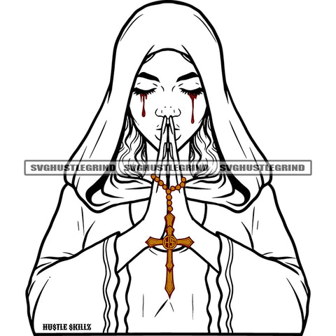 Woman Hard Praying Hand God Vector Black And White BW Blood Dripping On Eyes Design Element Cross On Hand Color SVG JPG PNG Vector Clipart Cricut Cutting Files