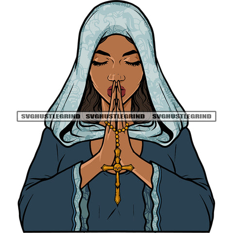 Melanin Woman Praying God Vector Hand Hard Praying Cross On Hand Design Element Color Body Close Eyes SVG JPG PNG Vector Clipart Cricut Cutting Files