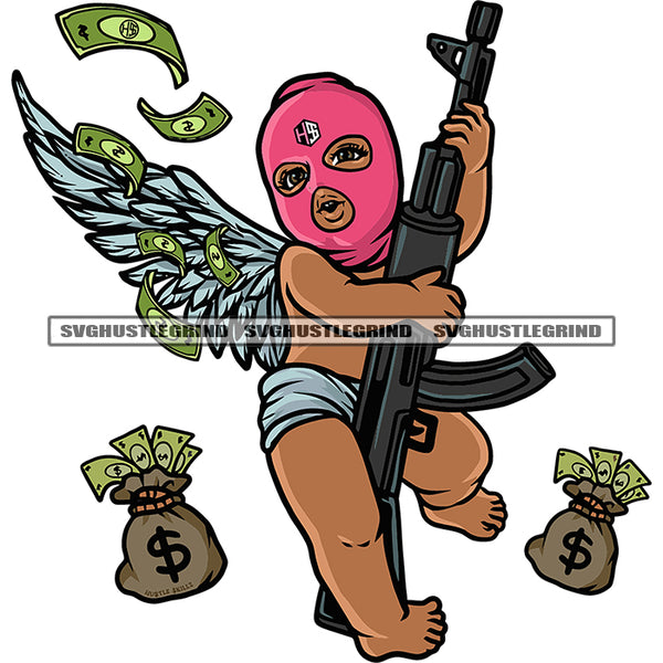 Gangster Baby Boy Angle Wearing Ski Mask Cash Money Bags Design Element Machine Gun Disc Magazine Gang Angle With Wings White Background SVG JPG PNG Vector Clipart Cricut Cutting Files