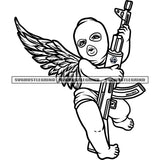 Young Angle Holding Gun Vector Wearing Suki Mask Design Element Black And White BW Angel With Wings SVG JPG PNG Vector Clipart Cricut Cutting Files