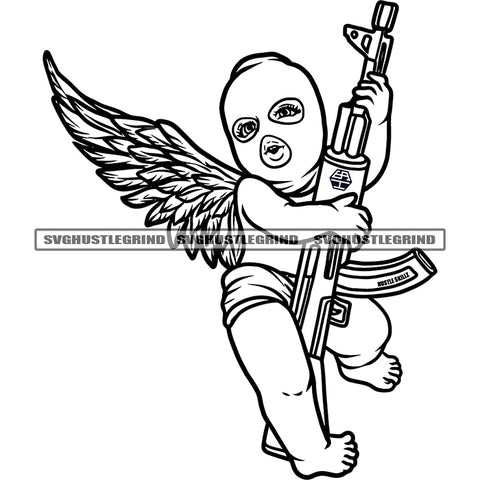 Young Angle Holding Gun Vector Wearing Suki Mask Design Element Black And White BW Angel With Wings SVG JPG PNG Vector Clipart Cricut Cutting Files