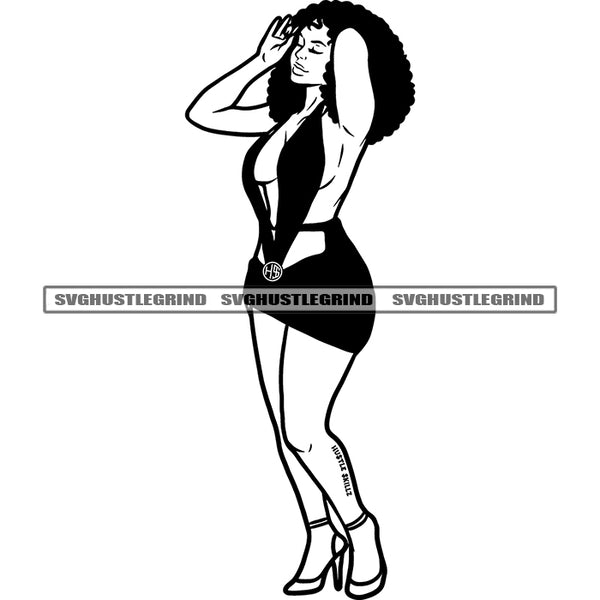 Afro Gangster Sexy Woman Standing Wearing Black Color Bikini Vector White Background Afro Hair Style Woman Hand On Hair Design Element SVG JPG PNG Vector Clipart Cricut Cutting Files