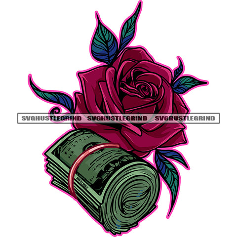 Money Roll On Floor And Red Rose Flower Vector Color Design Element Rubber Band Money Cash Bank Note White Background SVG JPG PNG Vector Clipart Cricut Cutting Files